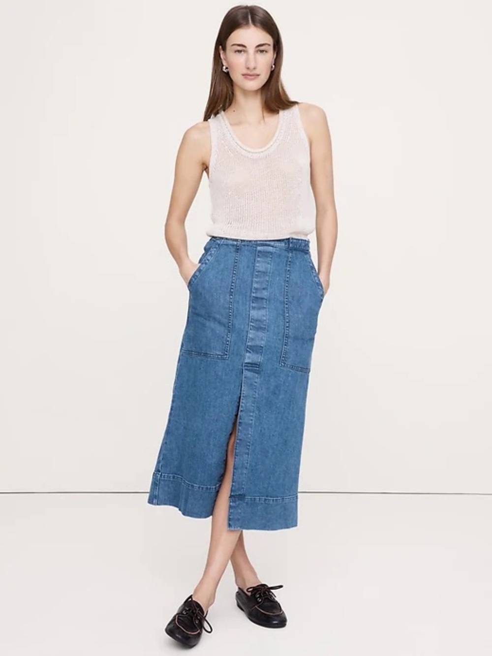 Banana Republic Blue Denim Midi Skirt with Center Slit
